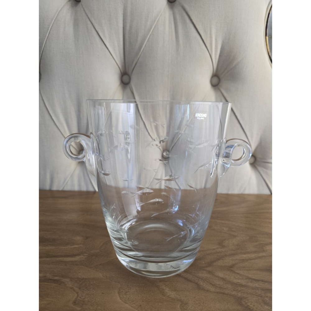 Vintage Krosno Poland Crystal Ice Bucket Wine Chiller Etched Fish Pattern 8"